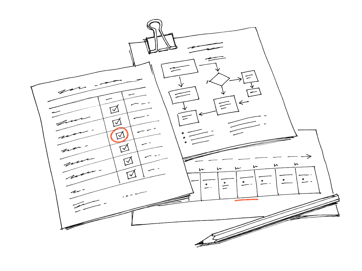 Ink illustration of overlapping maintenance worksheets on a workbench.