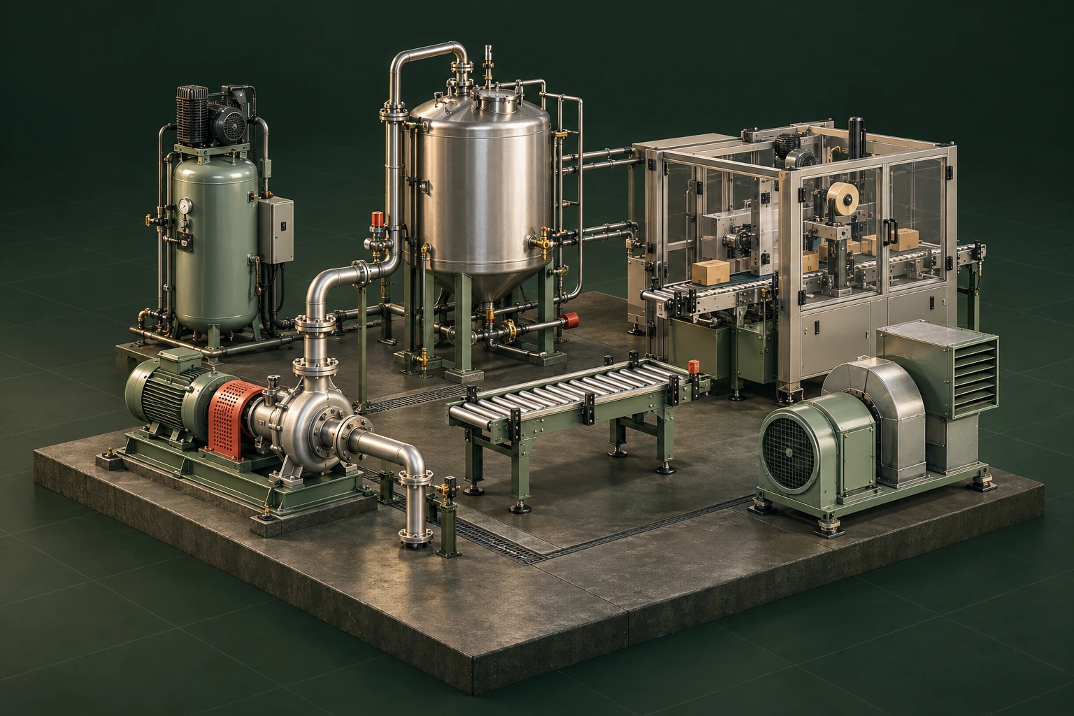 Illustrated process plant with pump, conveyor, compressor, tank, packer and ventilation unit