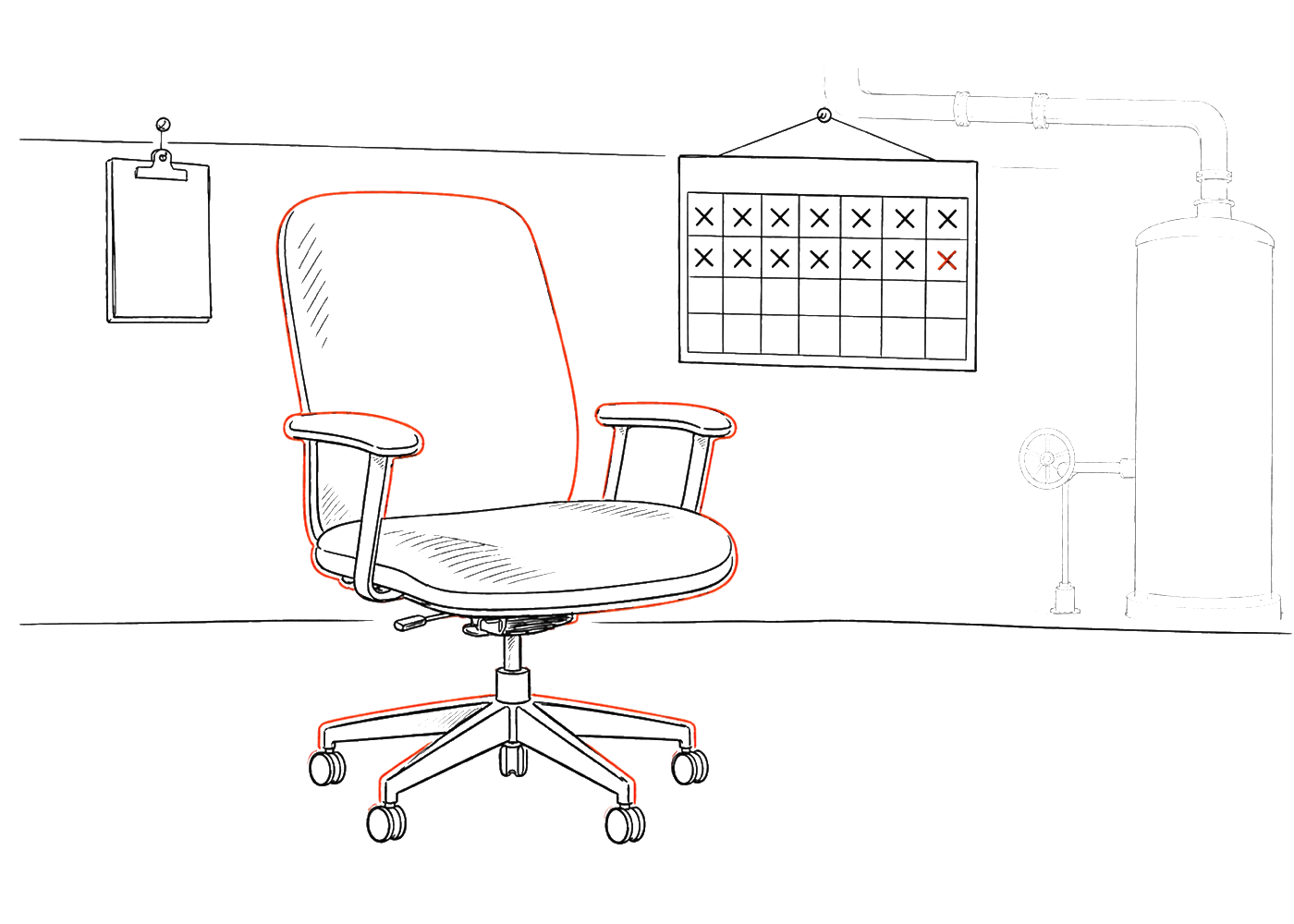 An empty office chair beside a 14-day calendar